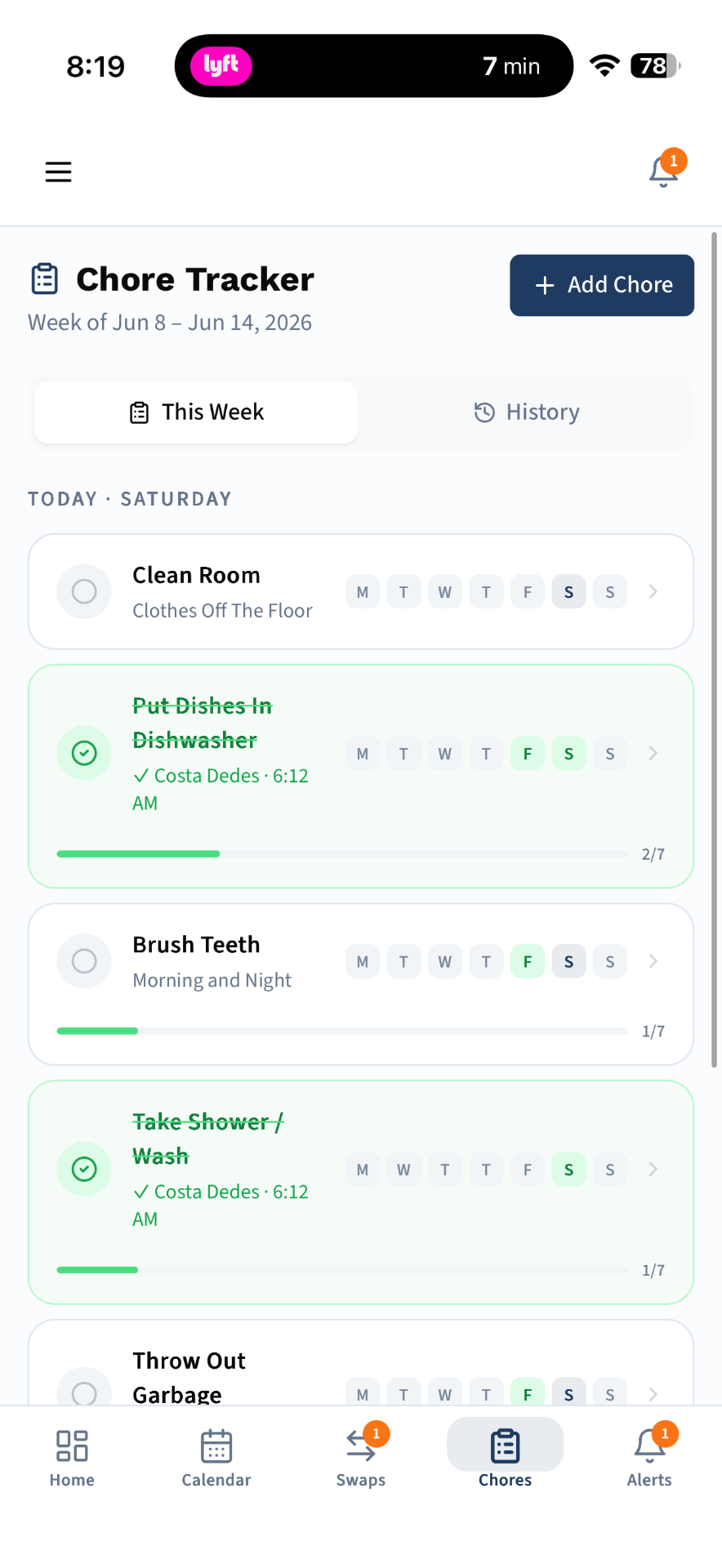 Chore tracker with weekly checklist