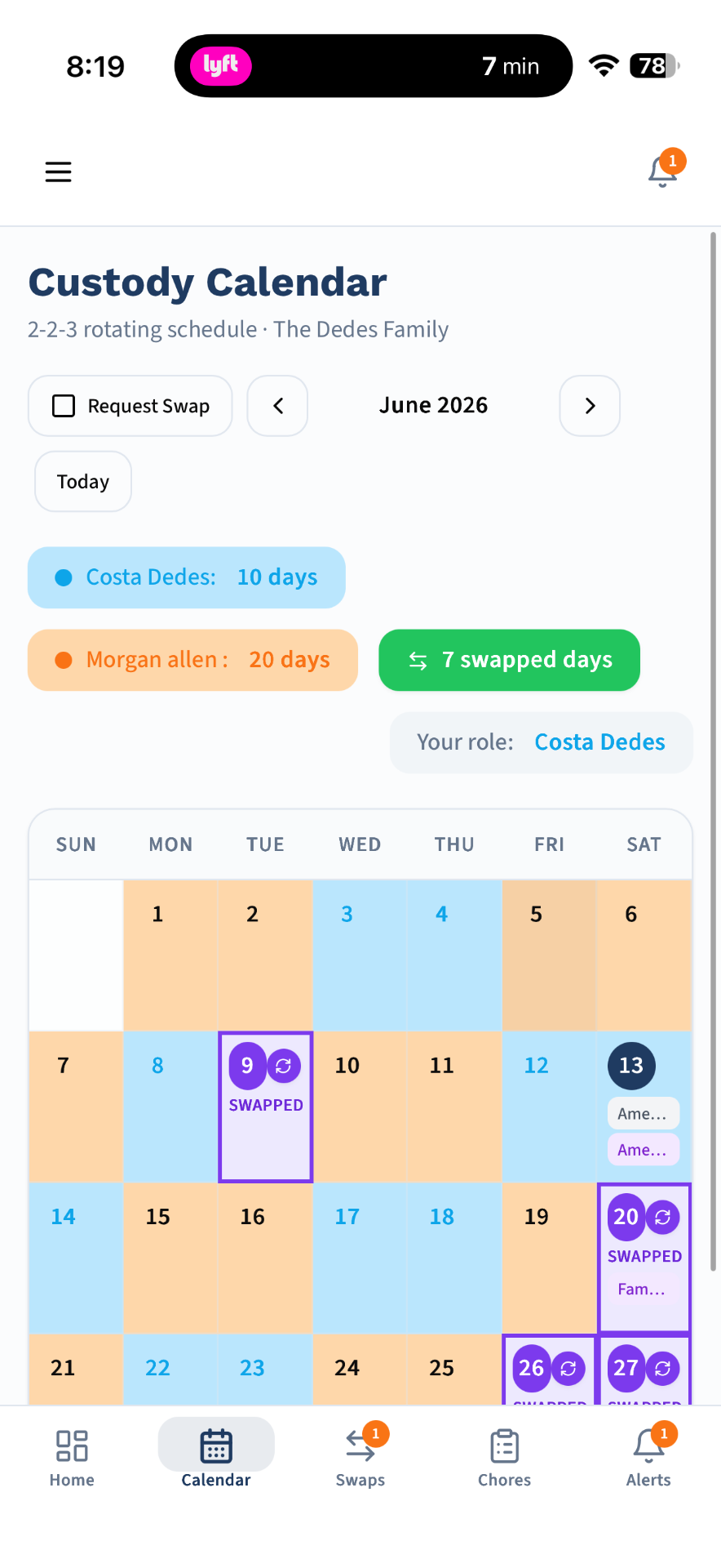 CustodyTrac custody calendar — 2-2-3 rotating schedule with color-coded parent days